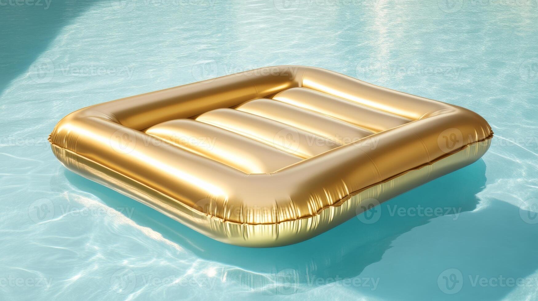 Golden inflatable float in clear pool water with sunlight reflections photo