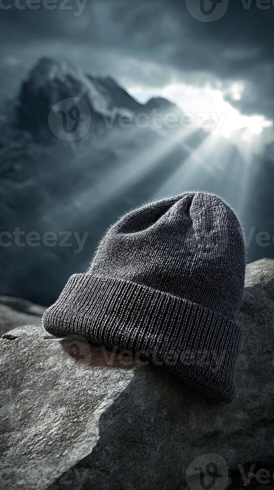 Gray beanie cap on rock with sun rays and mountains under cloudy sky photo