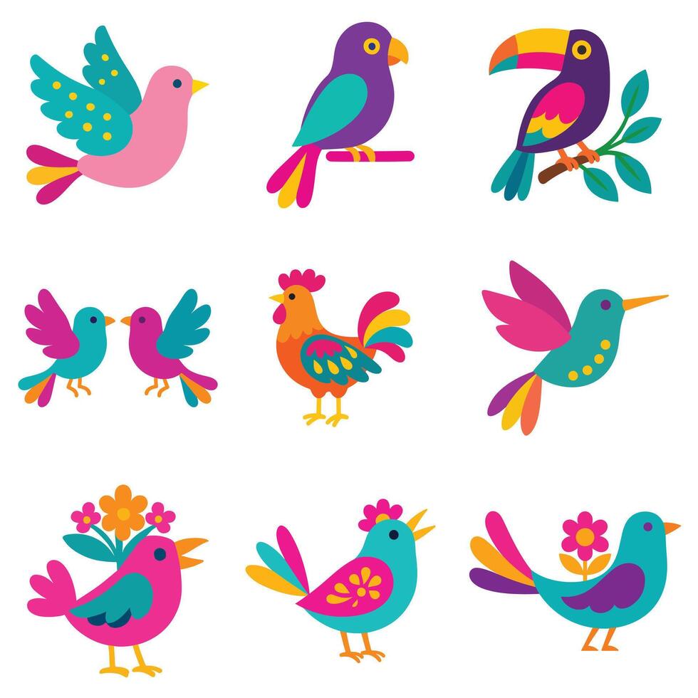 Collection of Mexican Otomi Bird illustration, colorful otomi bird Art, Cute colorful bird Design Sublimation vector