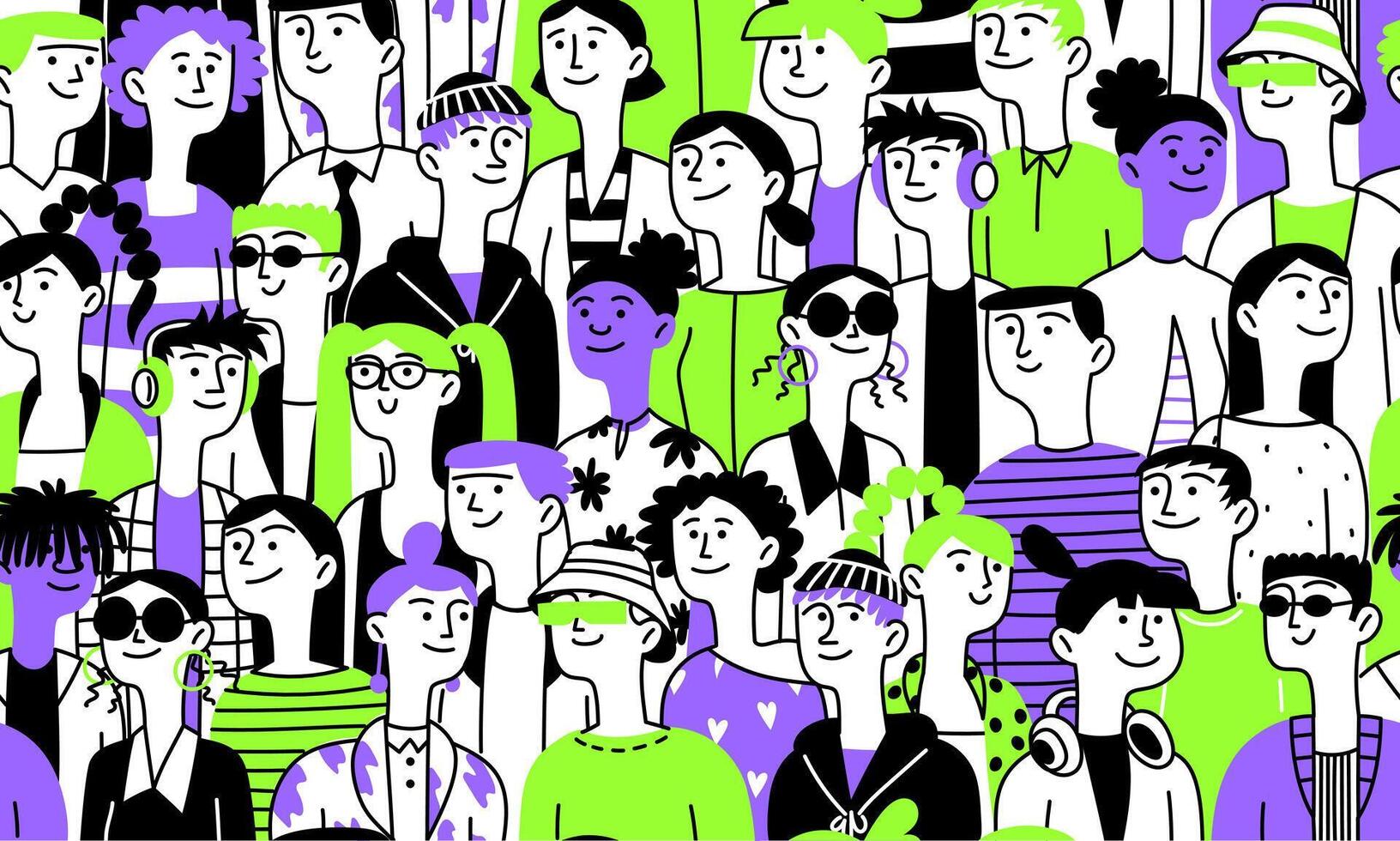 Seamless background, pattern of diverse female male heads. People. Diverse multiethnic group. doodle illustration vector