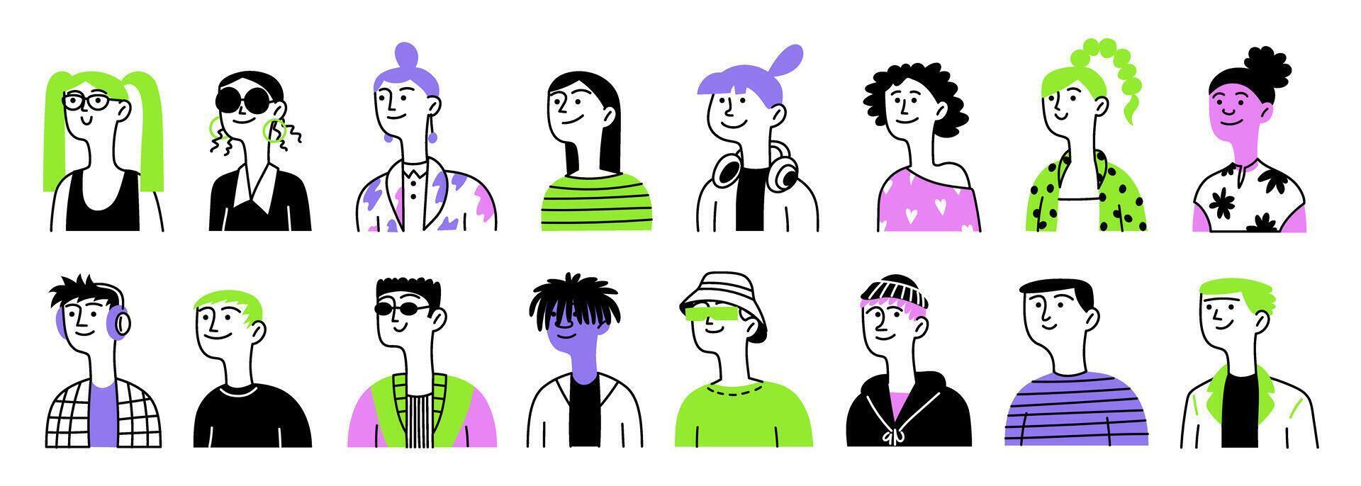 Diversity set of young people. Man and woman, international, different shapes. Avatar. linear doodle isolated illustration vector