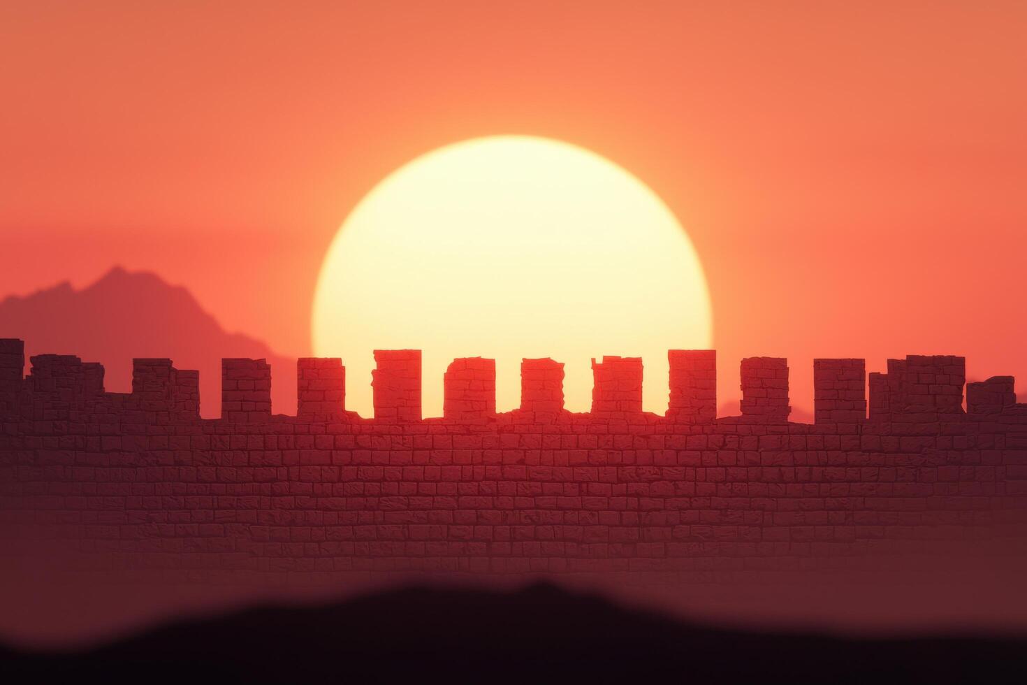 Ancient Fortress Silhouette at Sunset. Dramatic Ruins against a Fiery Sky. photo