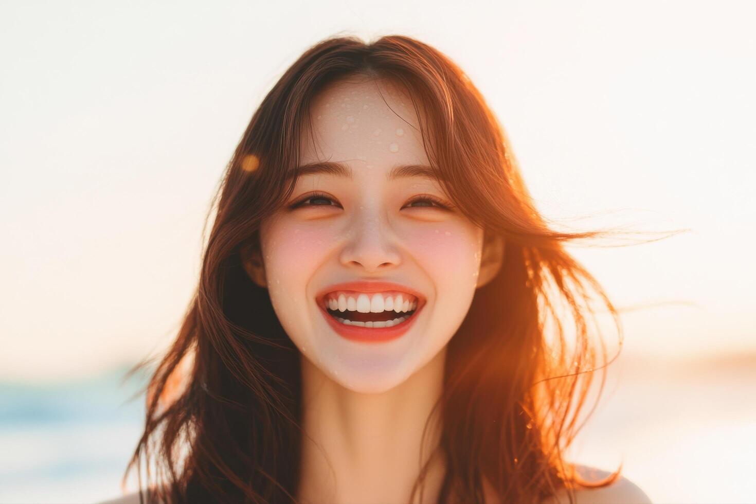 Radiant Woman's Joyful Smile in Warm Sunlight photo