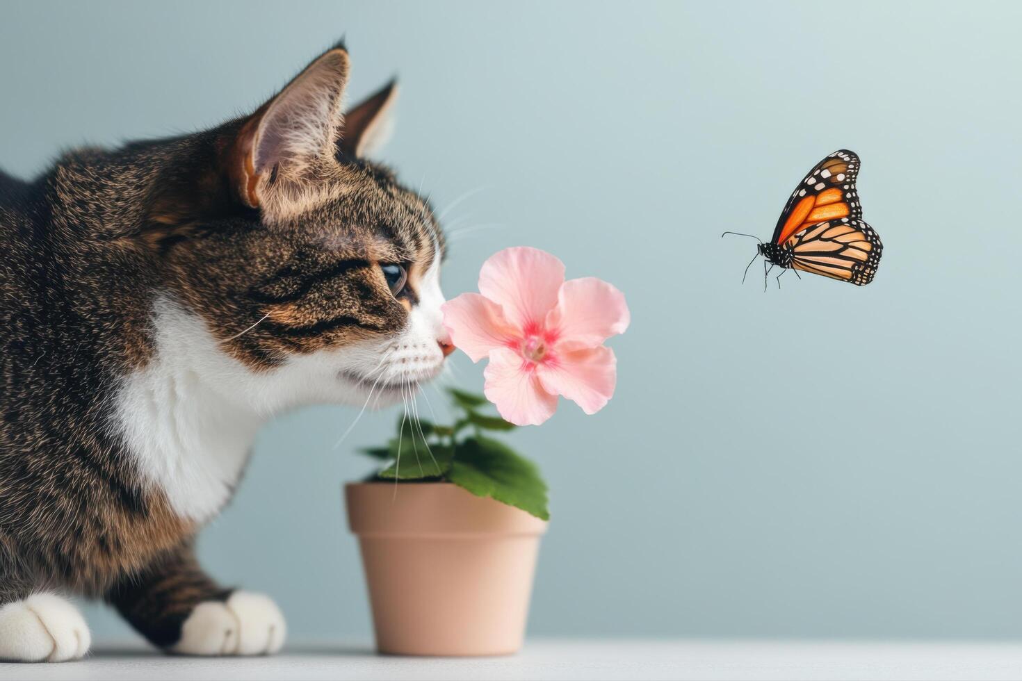 A Delicate Dance Cat, Flower, and Butterfly in a Serene Spring Scene photo
