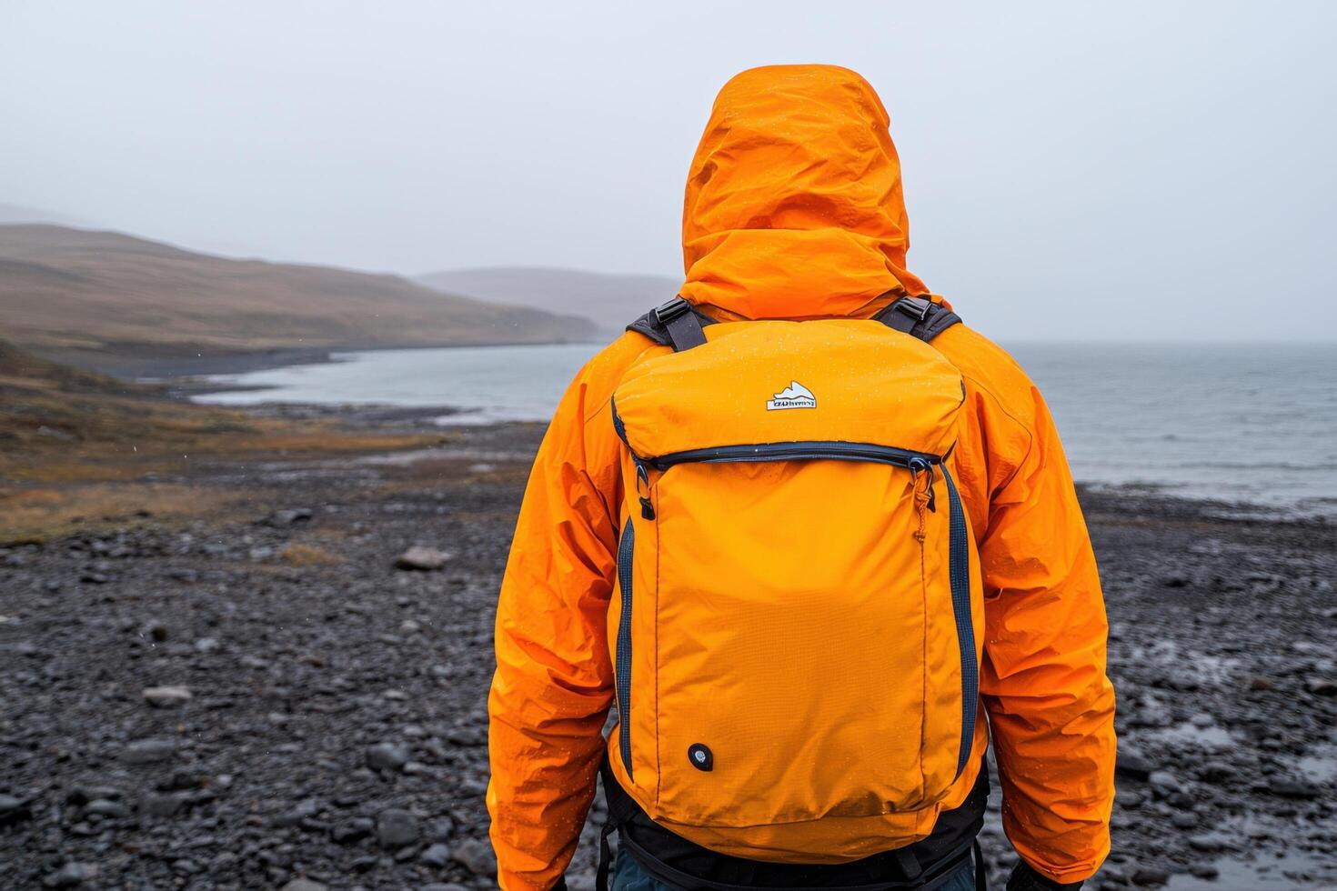 Stunning Outdoor Scene with a Person in a Bright Orange Jacket and Backpack photo