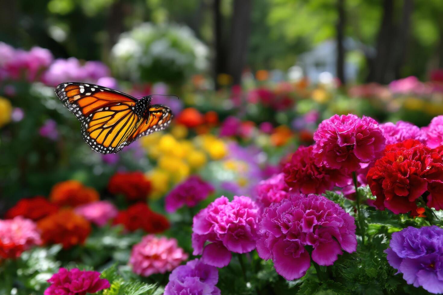 A Monarch Butterfly Surrounded by Vibrant Flowers in a Colorful Garden photo