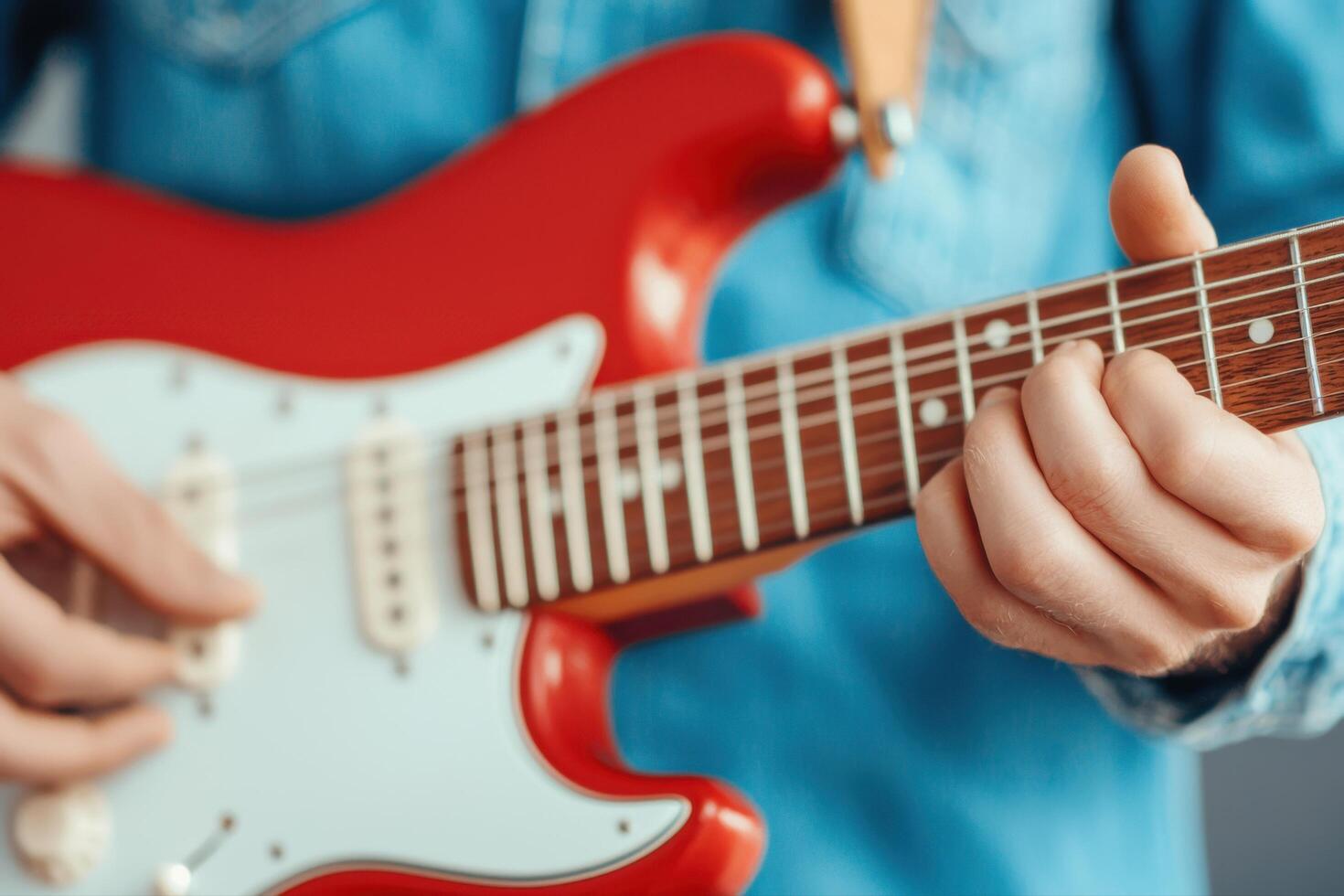 of a person playing a red electric guitar photo
