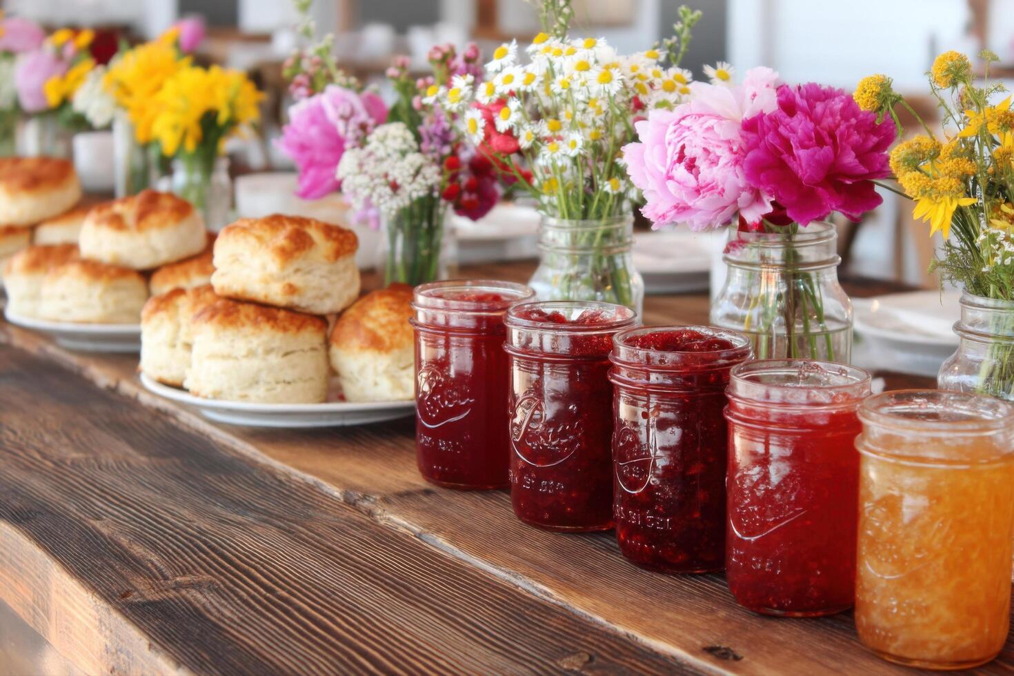 Rustic Breakfast Table with Homemade Jam and Biscuits photo