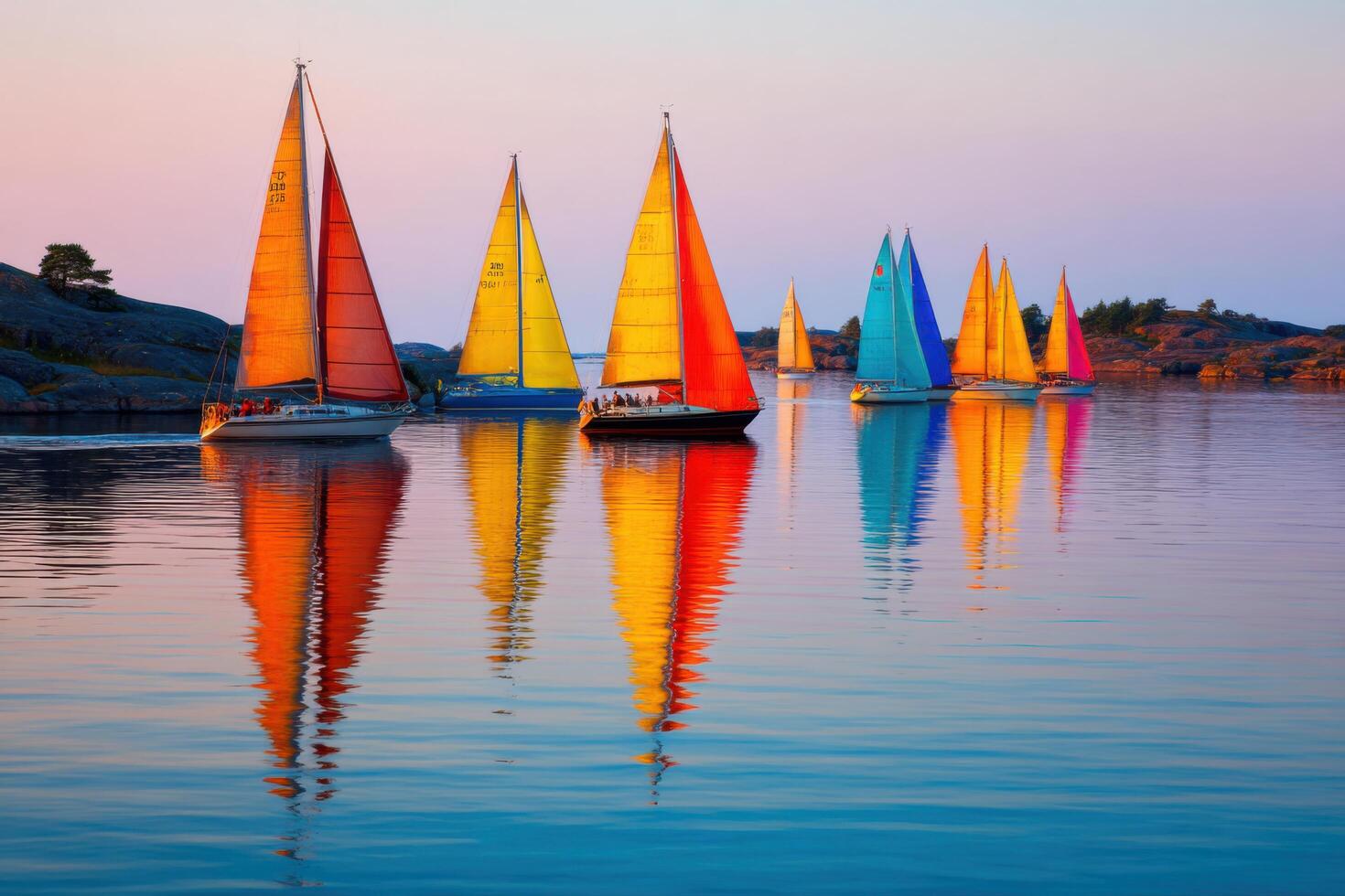 Colorful Sailboats on a Calm Sea at Sunset photo