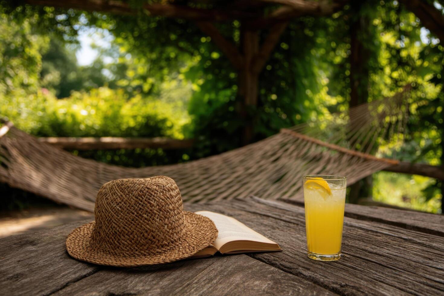 Summer Relaxation in the Garden with a Refreshing Drink and Book photo