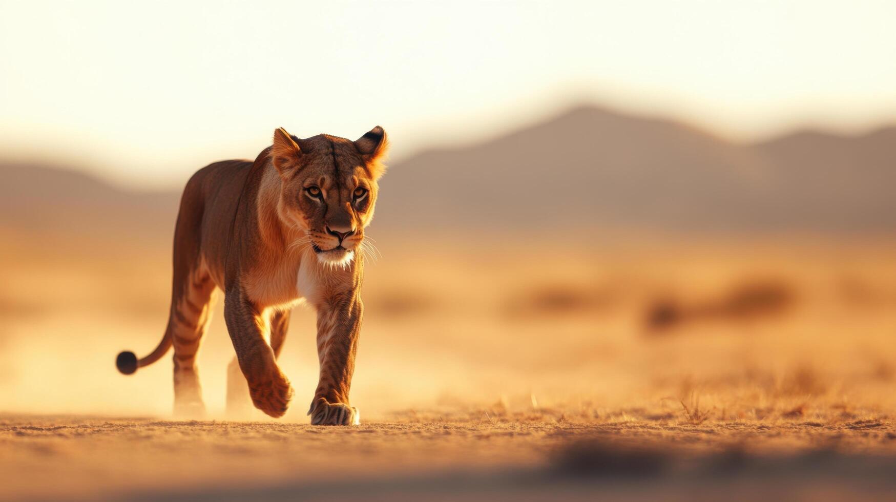 Majestic Lioness Strolling Through the Golden Desert photo