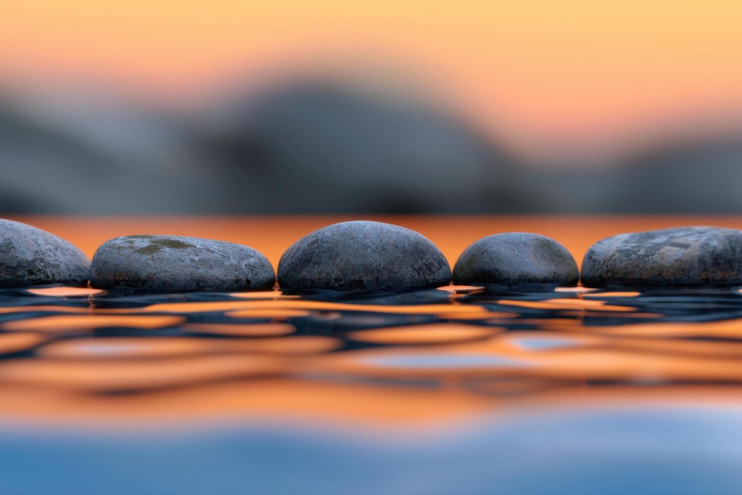 Serene Sunset Stones on Water A Peaceful Landscape Reflection photo