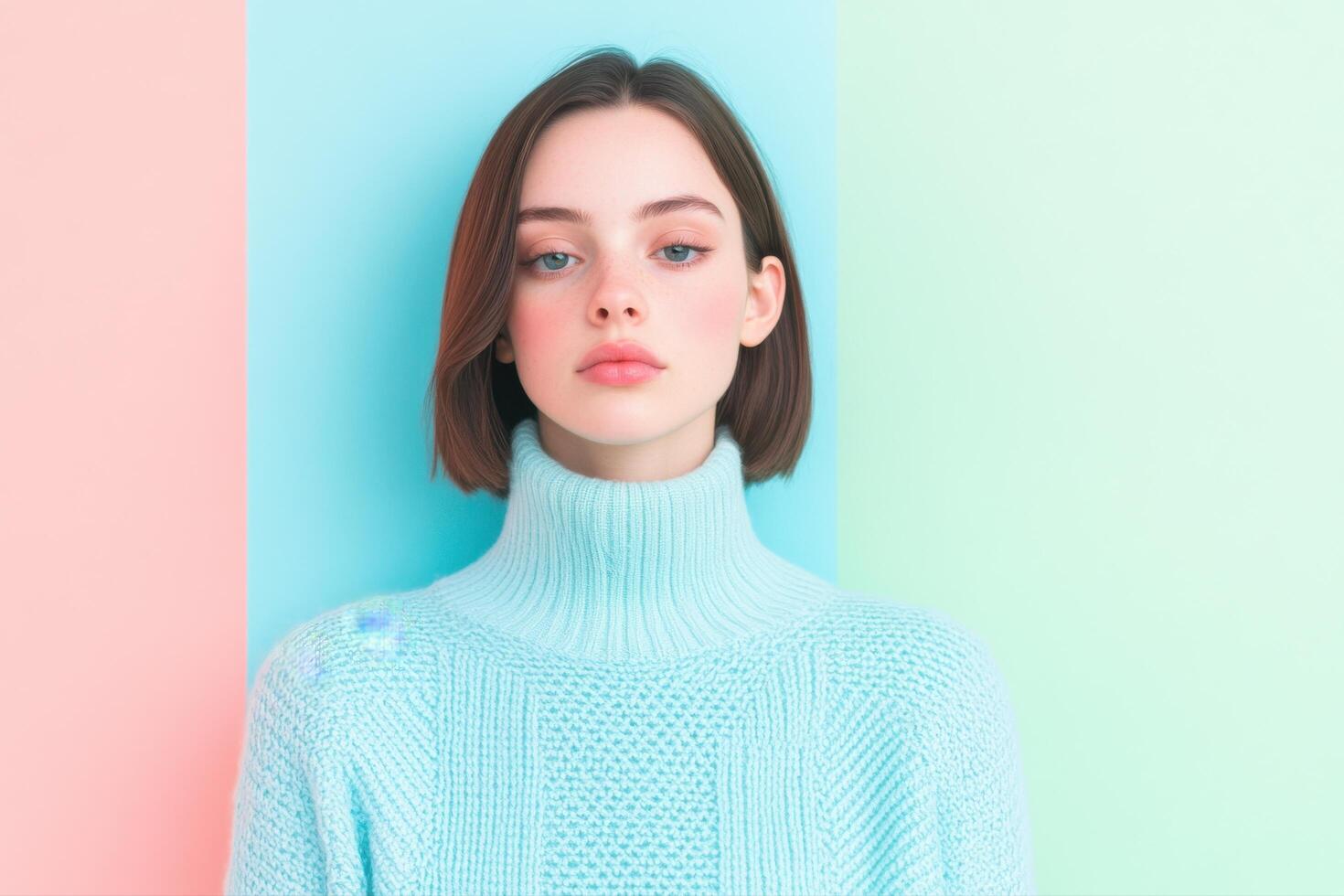 Stylish Woman in a Pastel Blue Sweater Fashionable Portrait Photography photo