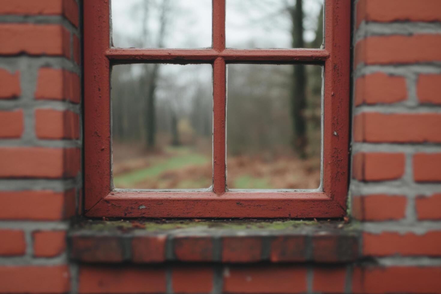 Rustic Red Brick Wall with a Vintage Window View of a Forest photo