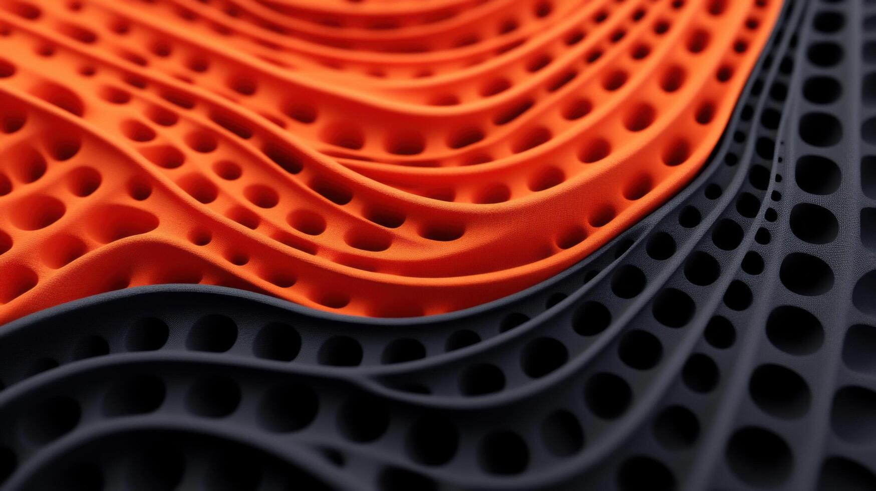 Intricate Wave like Pattern in Orange and Black Material. Abstract Geometric Design with Holes. Innovative Technology. Modern Design. photo