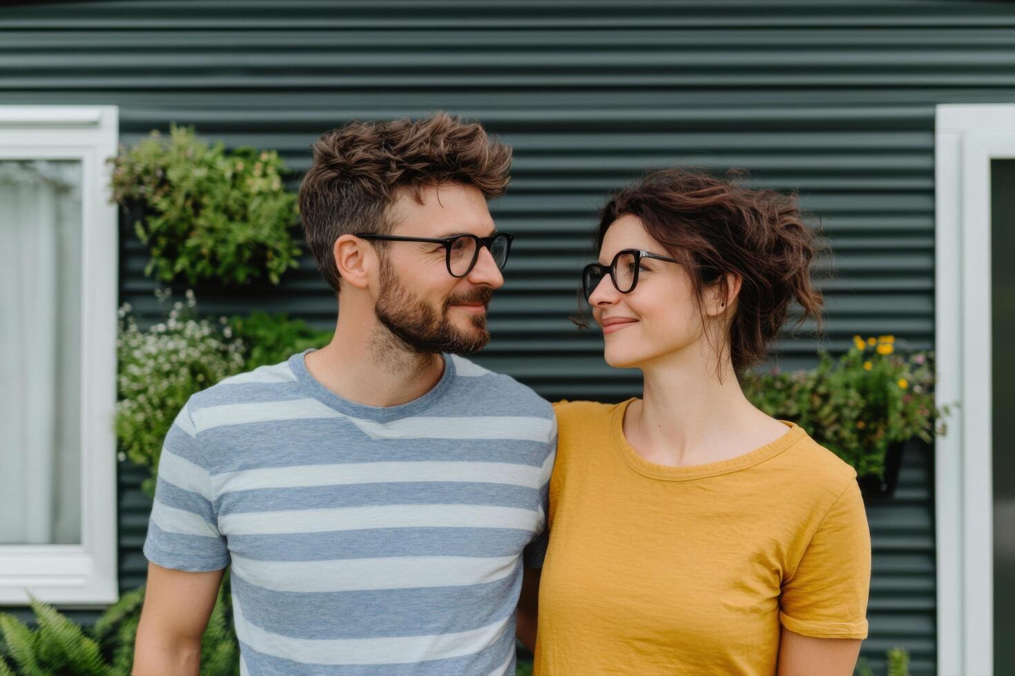 Couple Posing in Front of a Stylish Home photo