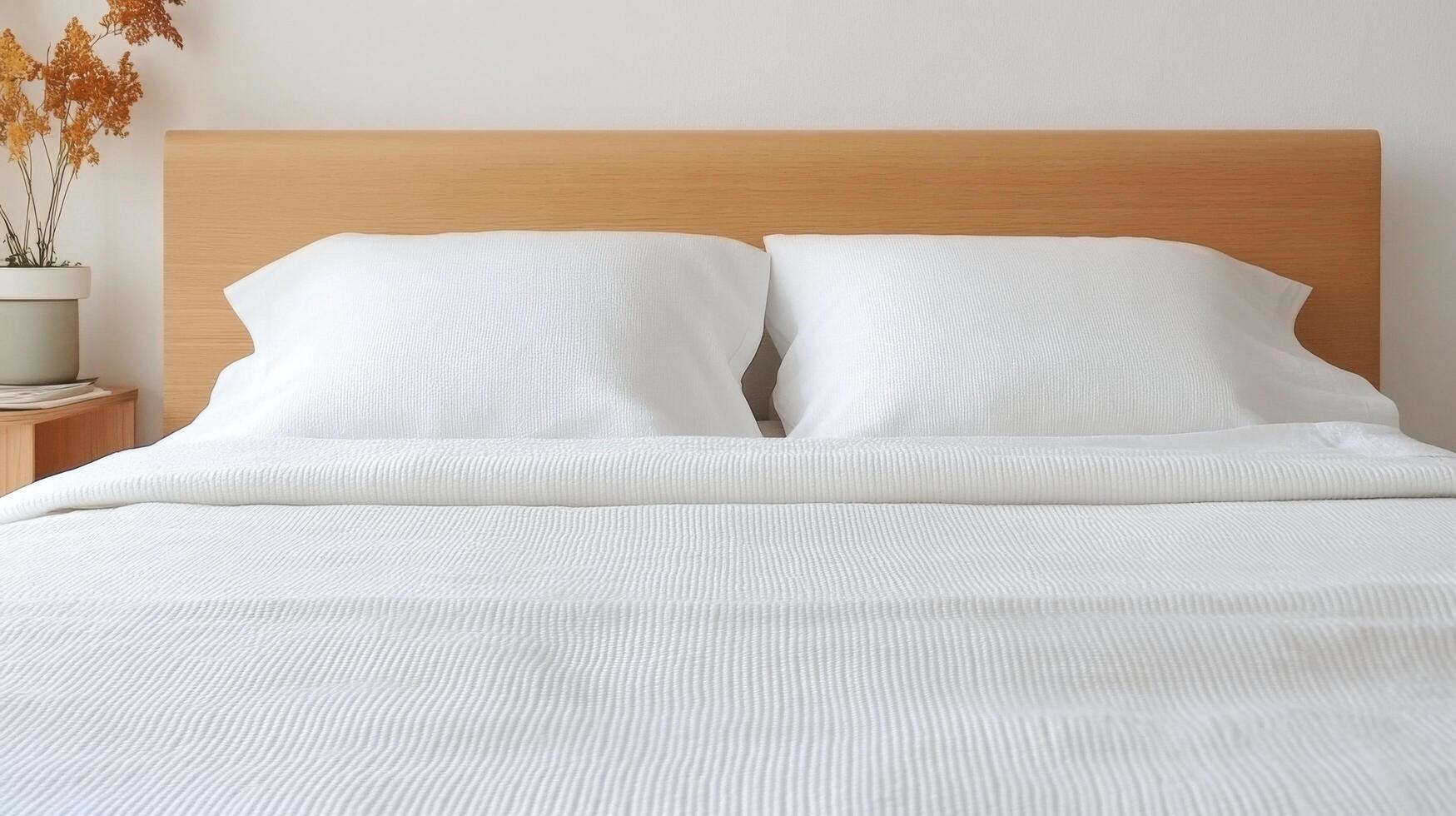 A serene bedroom with a white bed and wooden headboard. A perfect place for relaxation and sleep. photo
