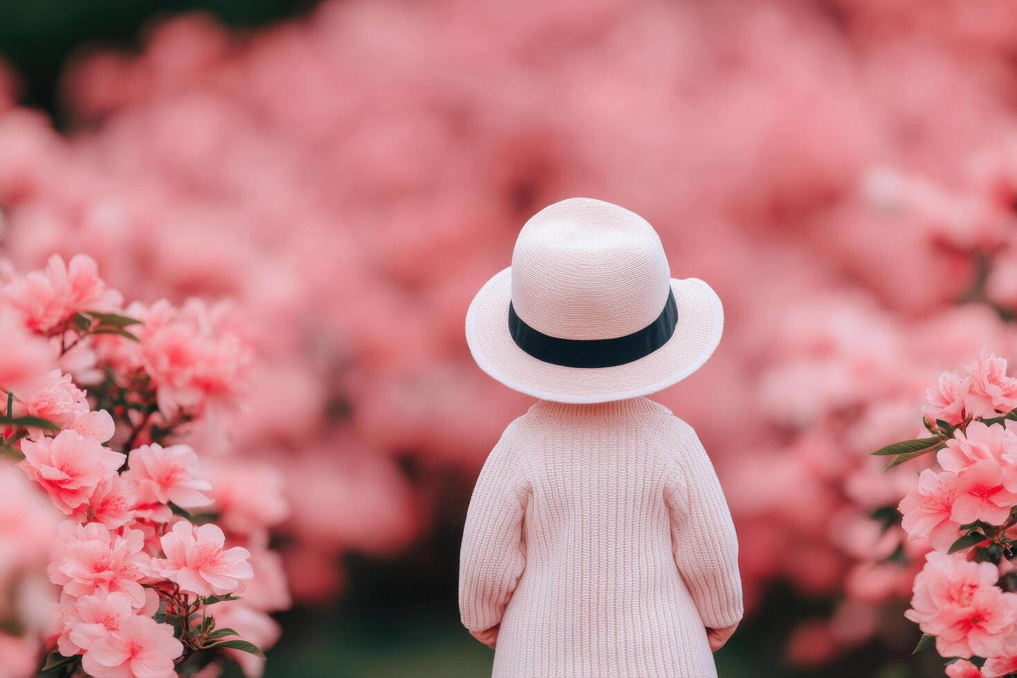 A Baby in a Pink Hat amidst a Spring Blossom Garden photo