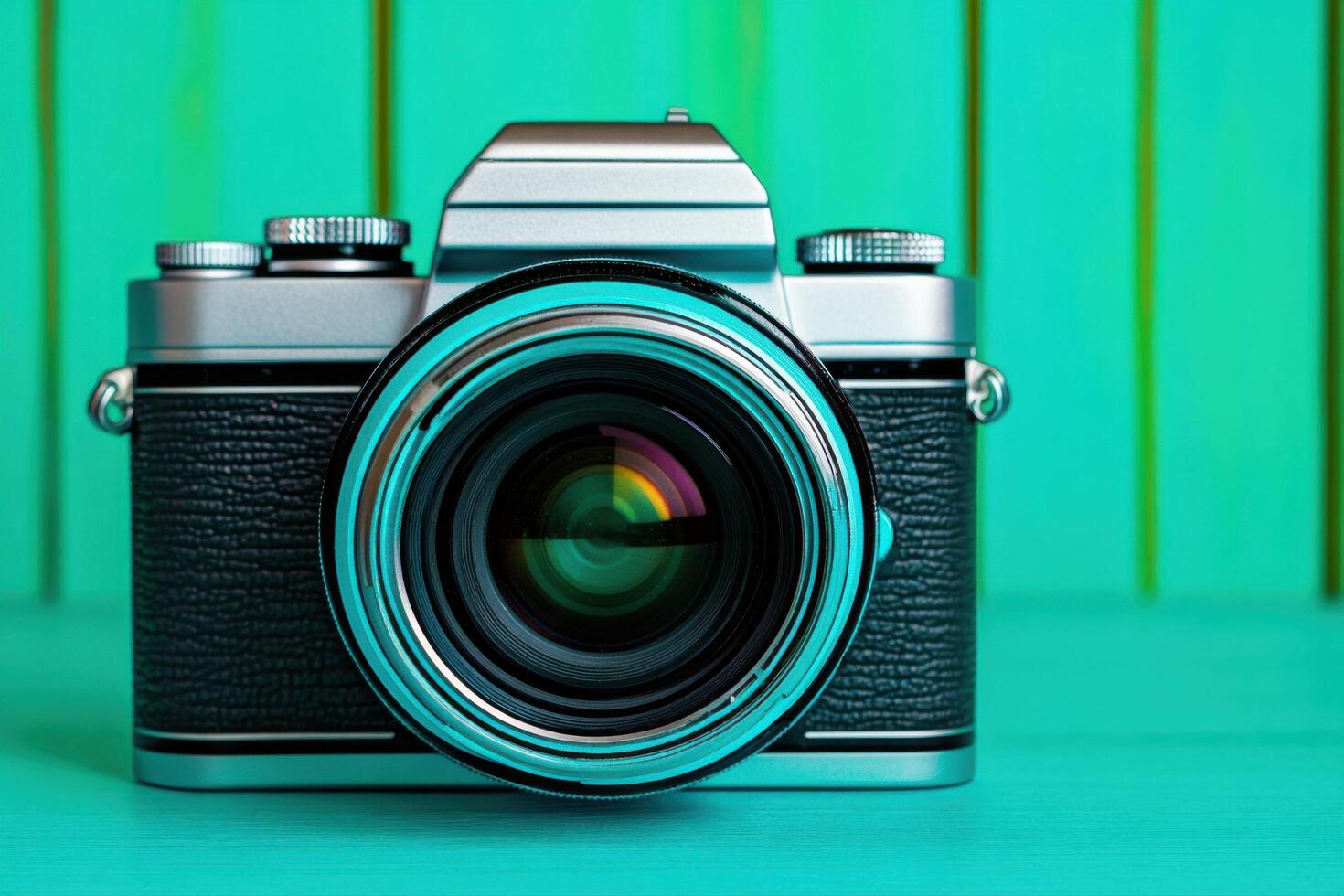 Vintage Analog Camera with Turquoise Lens A Timeless Piece of Photography photo