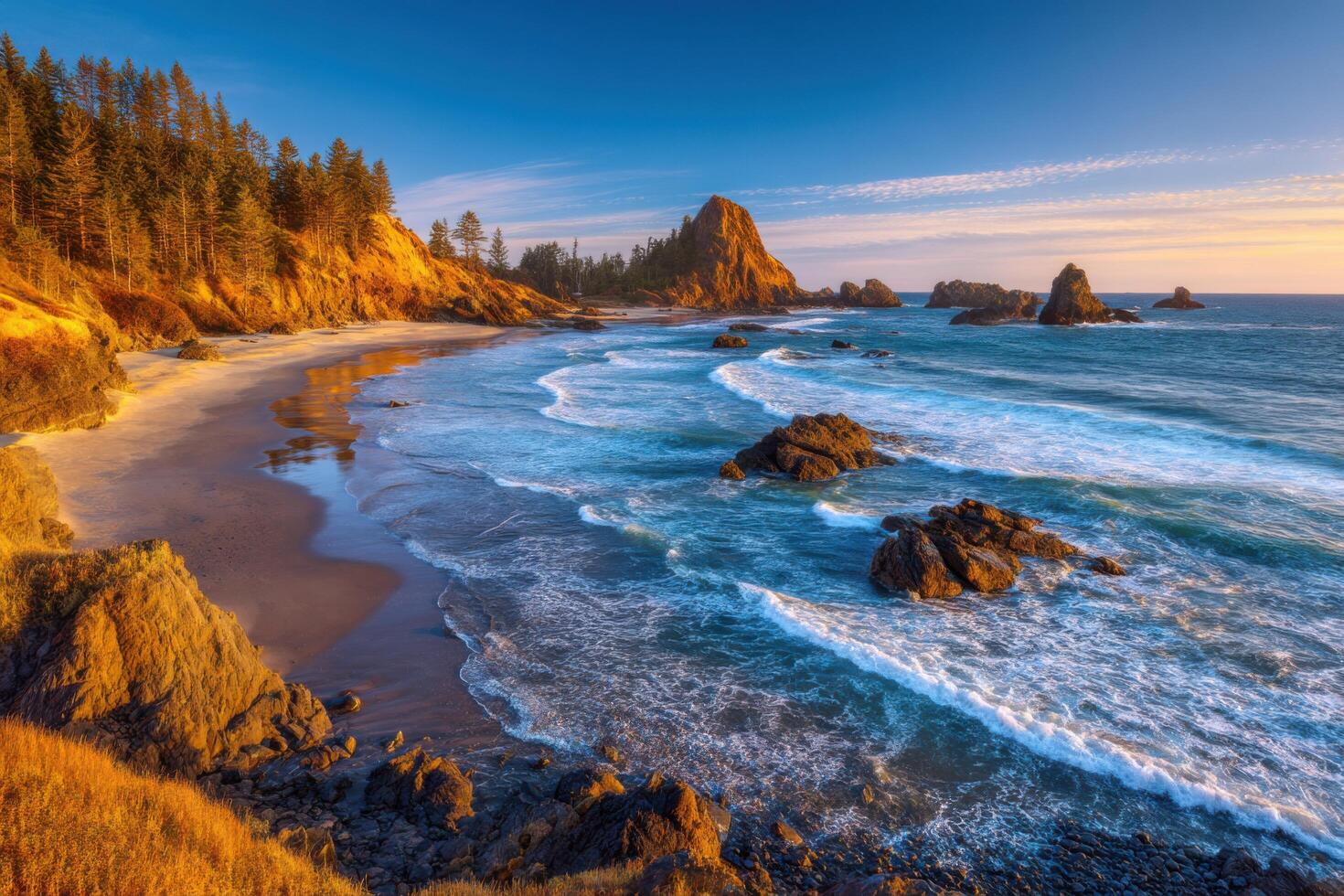 Stunning Coastal Sunset at a Golden Beach Breathtaking Views of the Ocean, Rocks, and Cliffs Perfect for a Relaxing Vacation photo