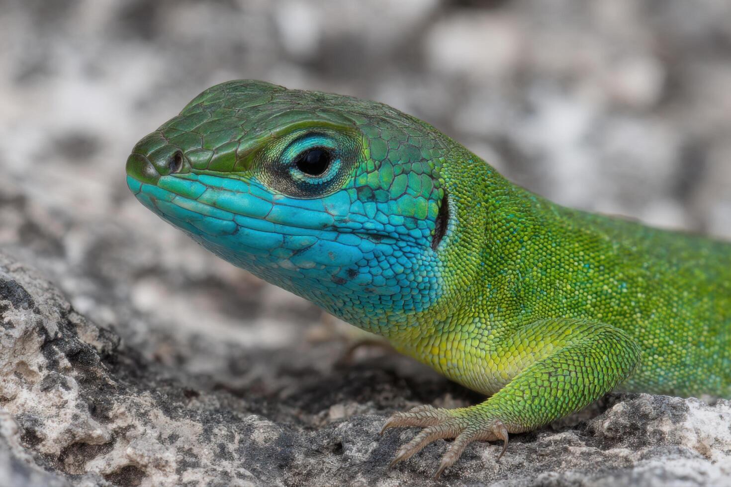 of a vibrant green and blue lizard on a rock photo