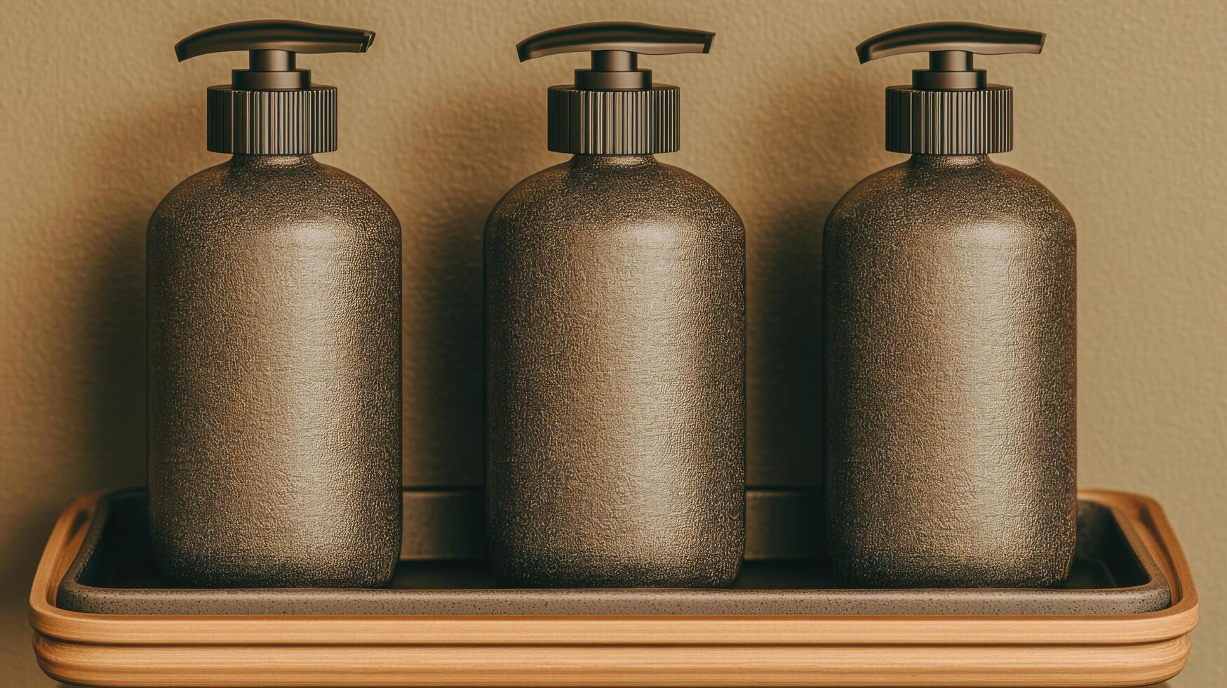 Stylish Dark Brown Dispenser Bottles Set on Wooden Tray Modern Bathroom Decor photo