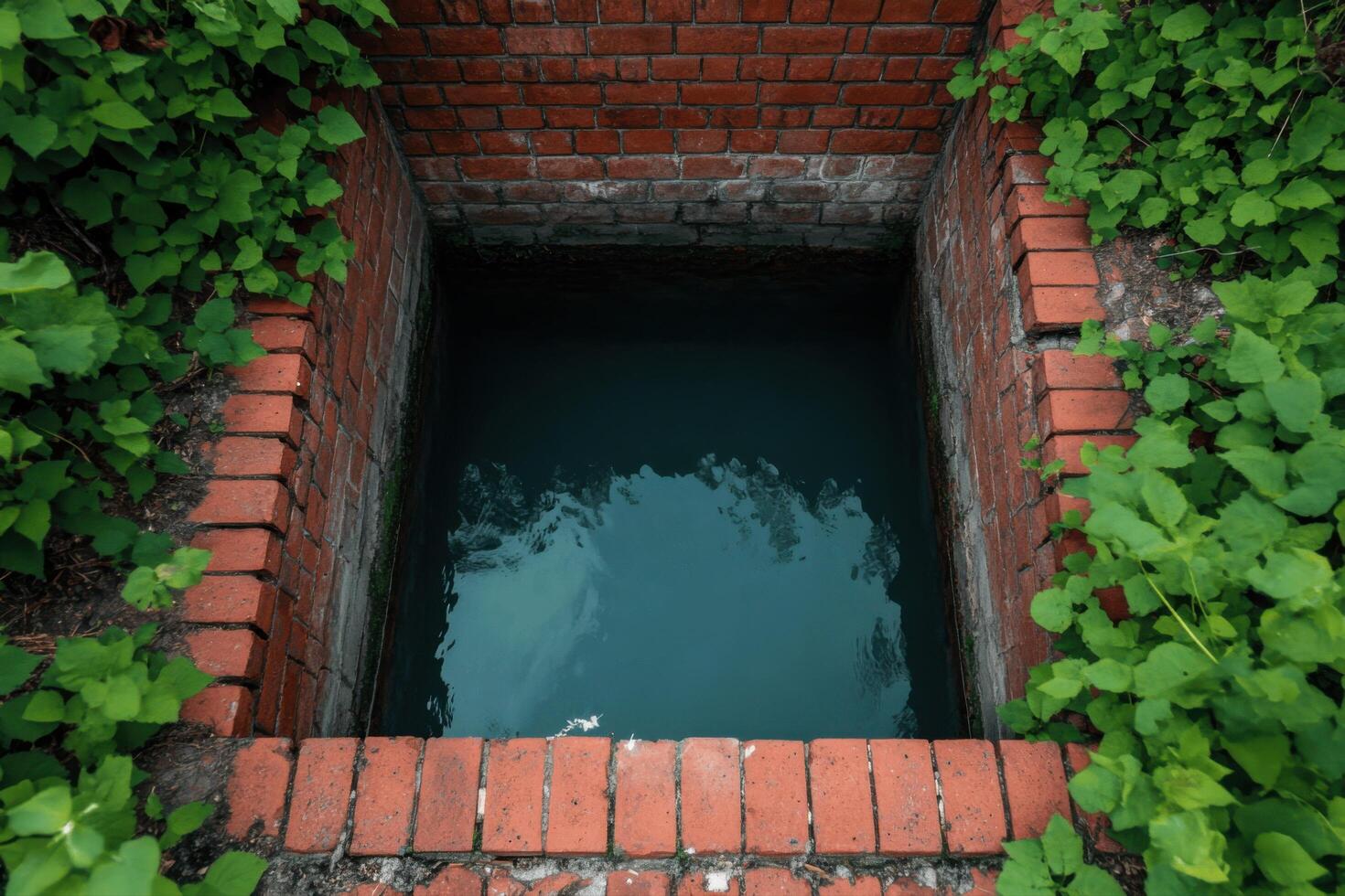 A Deep Well Framed by Old Red Brick Walls and Lush Greenery photo