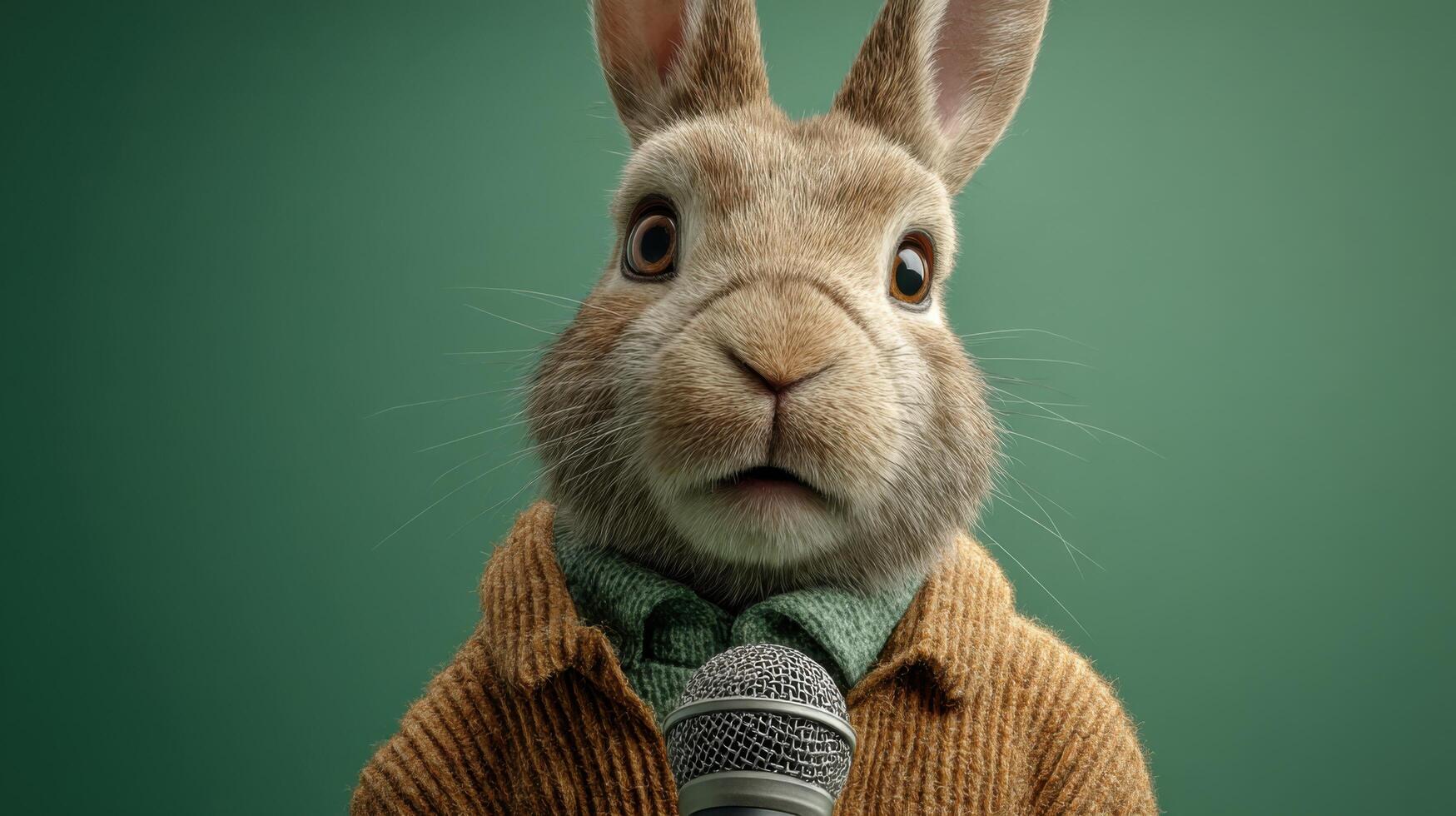 A Rabbit in a Sweater, Ready to Speak Digital Art of a Cute Animal with Microphone photo