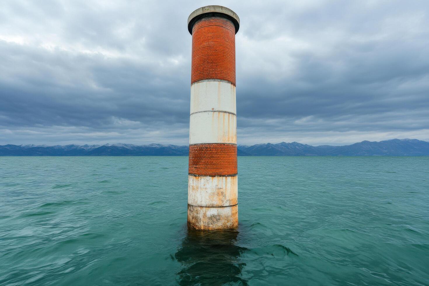 Striking Red and White Tower on a Serene Lake, Majestic Mountain View photo
