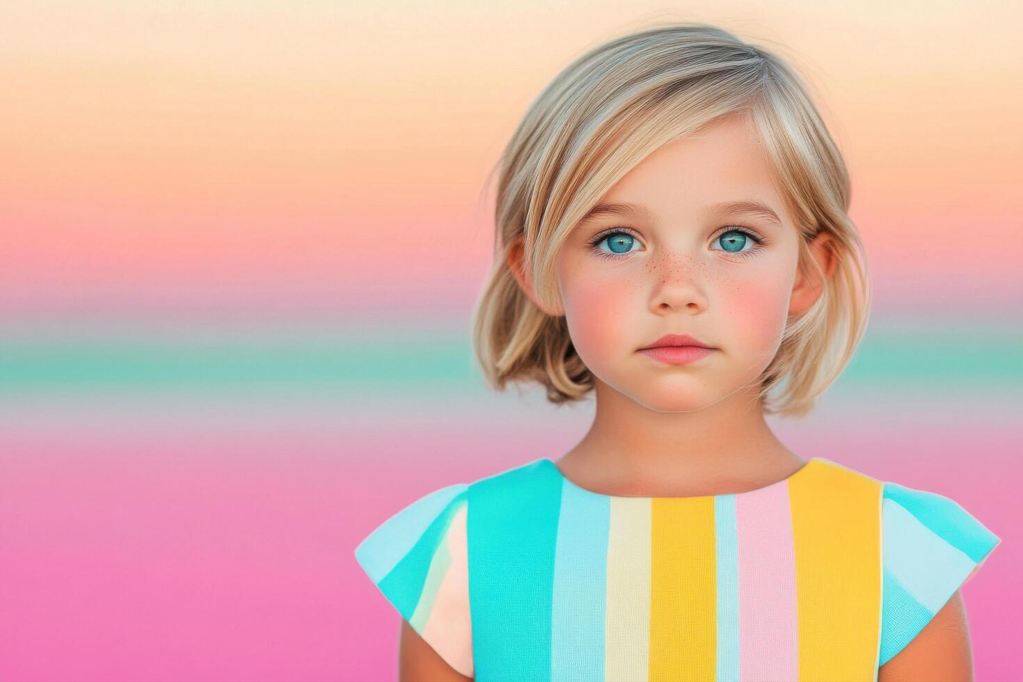 A Radiant Child in a Colorful Striped Dress. A captivating portrait of a young girl, showcasing beauty and innocence. A perfect image for a children's fashion catalog or a social media post. photo
