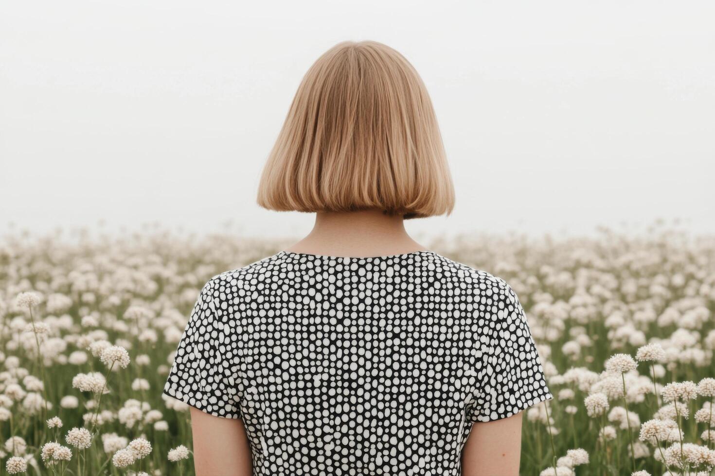Thoughtful Woman in a Field of Flowers, Back View, Simple Elegance photo