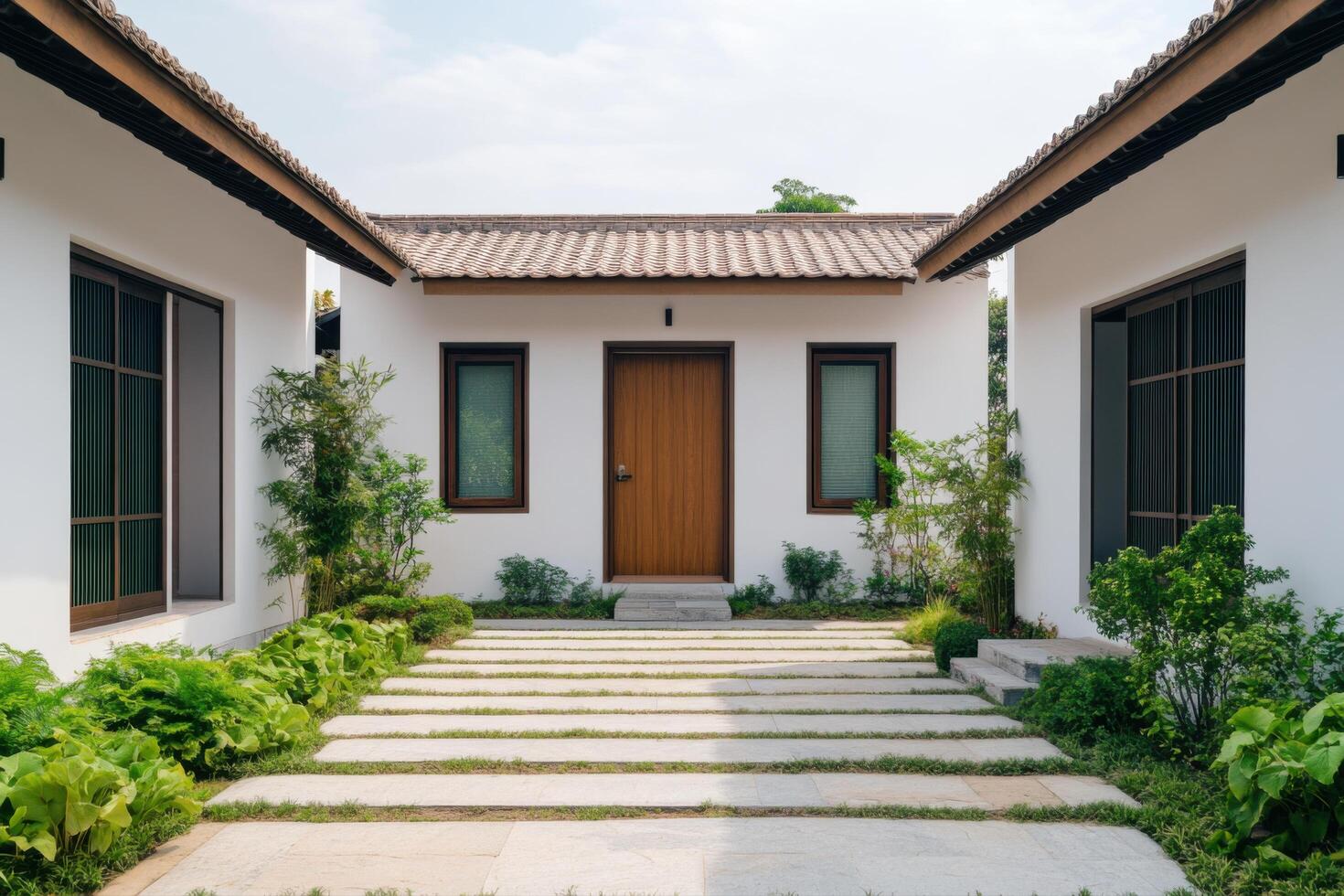 Serene Asian Inspired Courtyard House Exterior Design photo