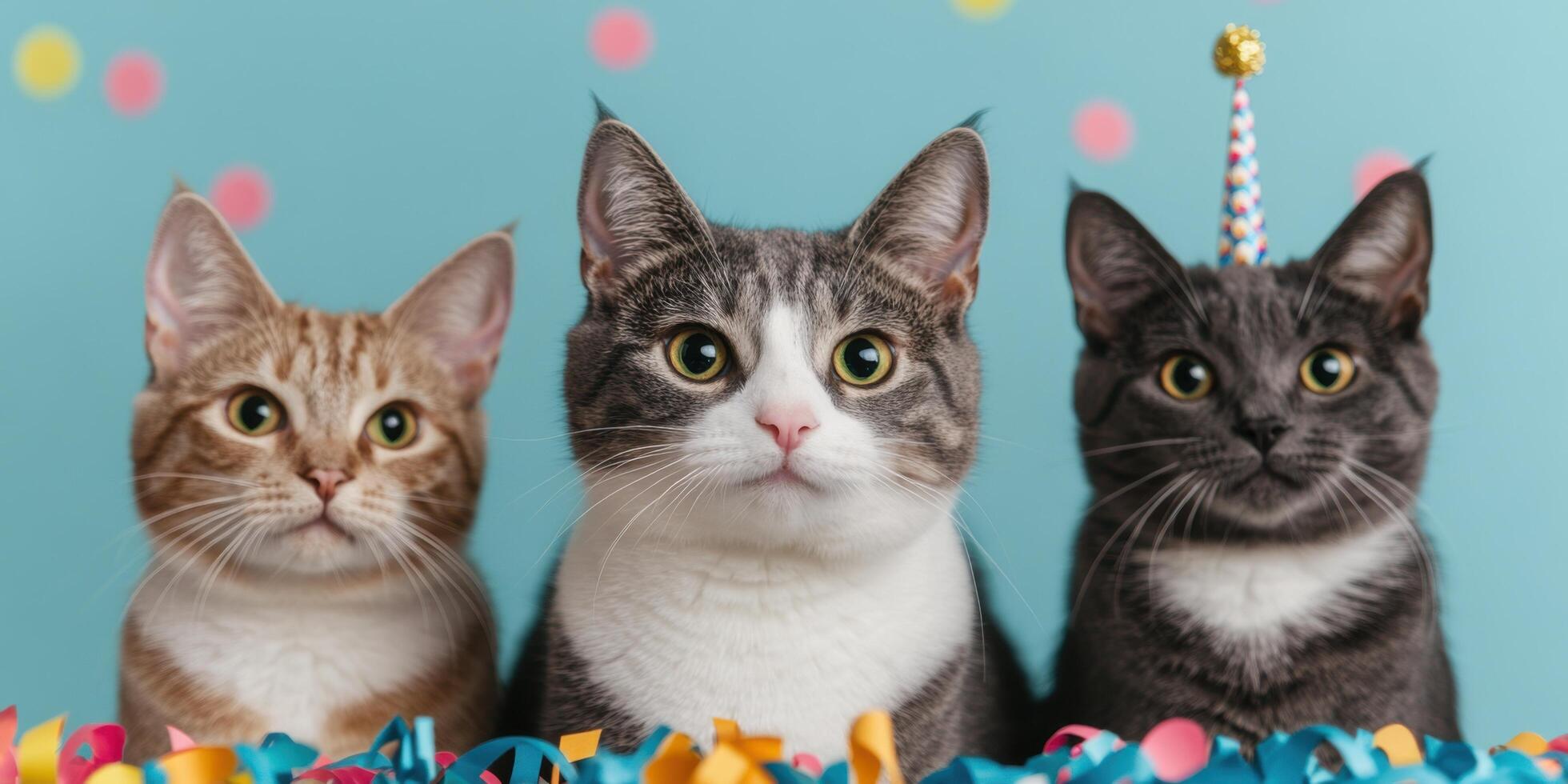 Three Adorable Cats Celebrating a Birthday Party photo