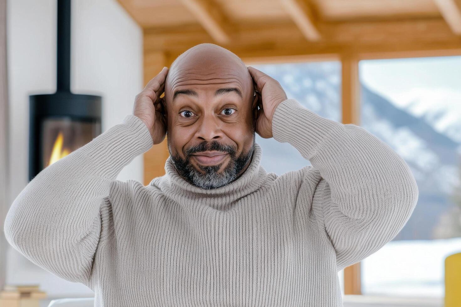 A Man's Portrait in a Cozy Winter Setting, Displaying a Surprising Expression photo