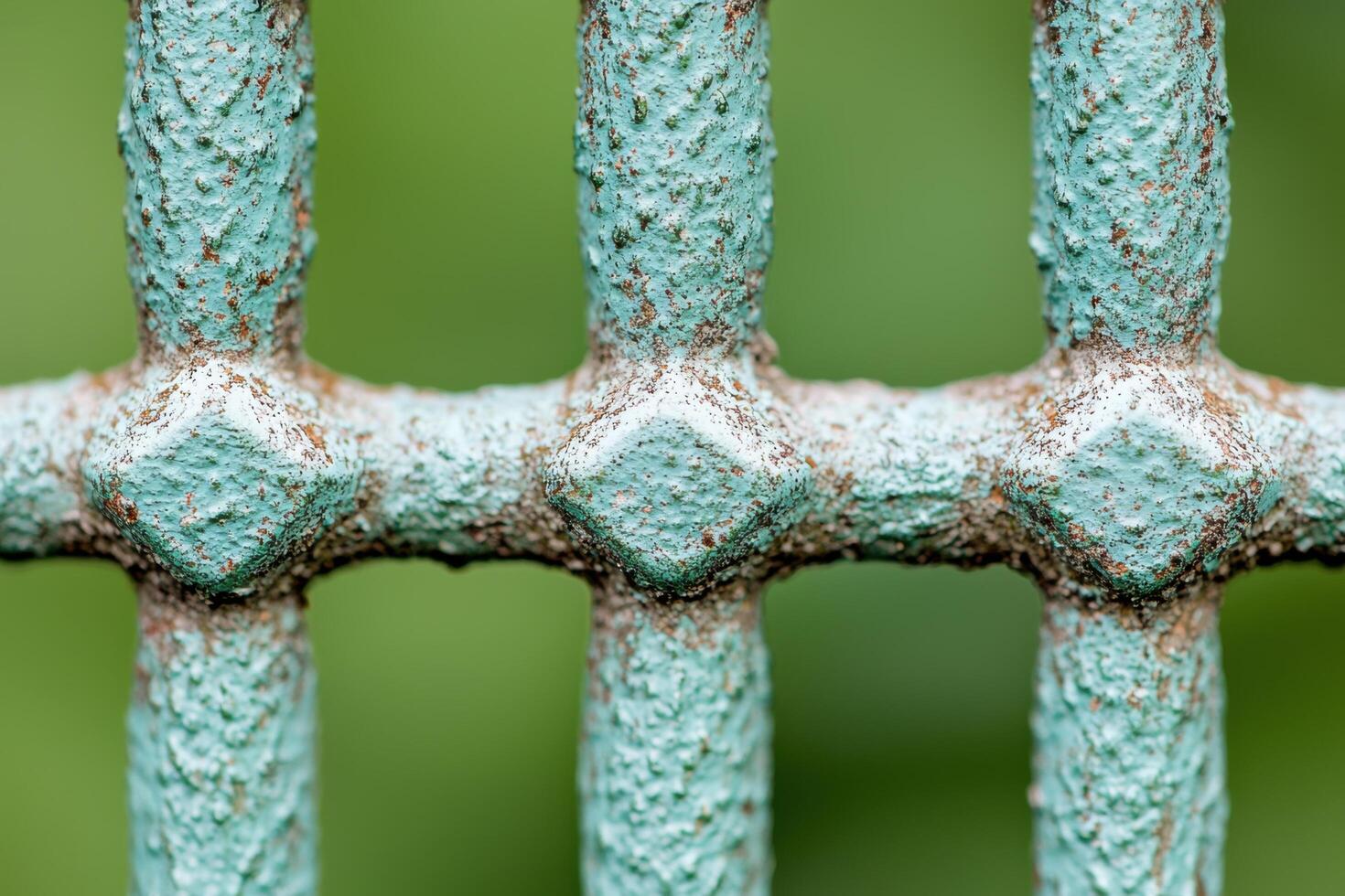 of a weathered, light teal colored metal fence. A detailed view of the intricate design and rust marks on the fence's crossbars. A captivating glimpse into the beauty of aged structures. photo