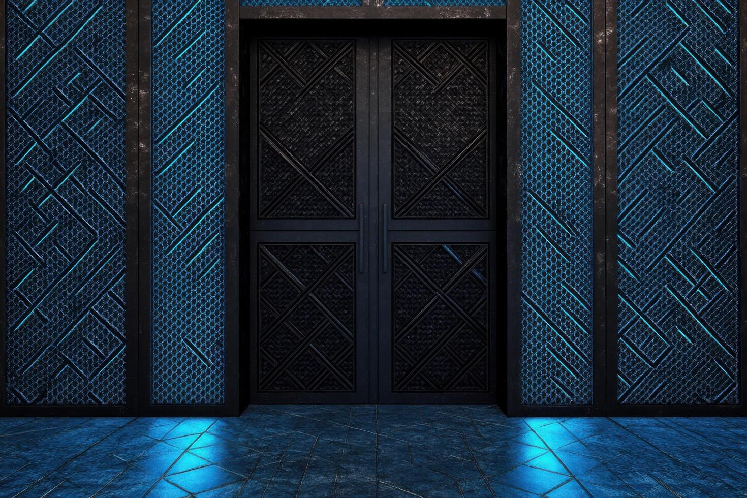 Dark, Futuristic Entrance with Blue Lighting and Intricate Geometric Patterns photo