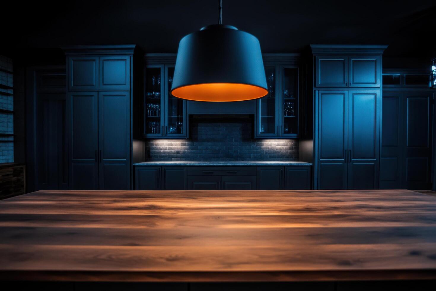 Dark and Elegant Modern Kitchen Interior Design with Wooden Table photo