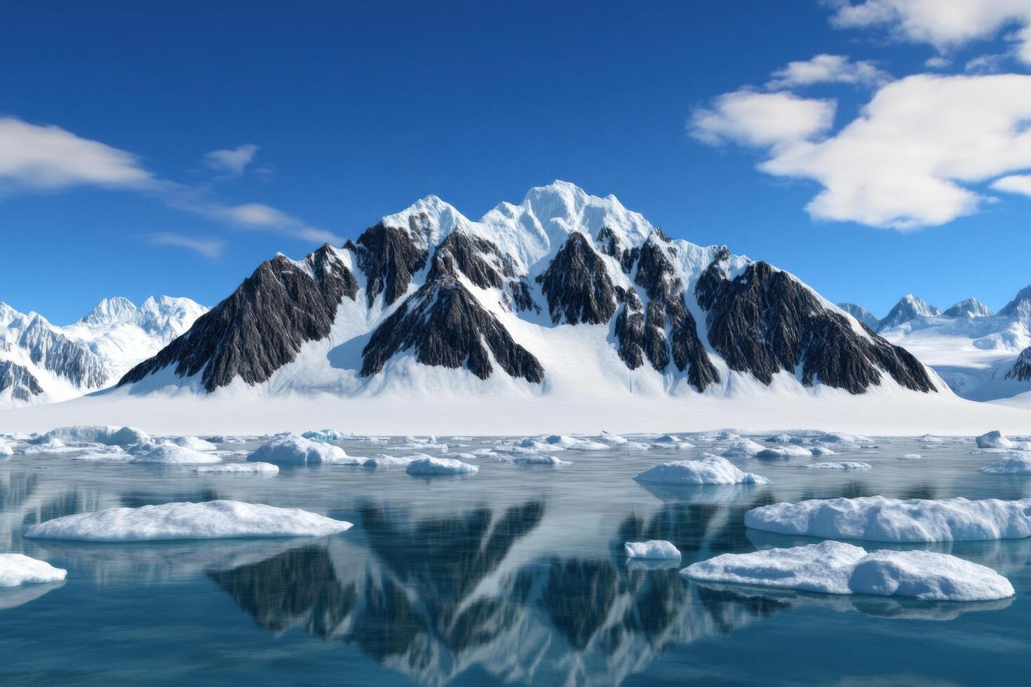 Majestic Antarctic Mountain Range with Icebergs Reflecting in the Water photo