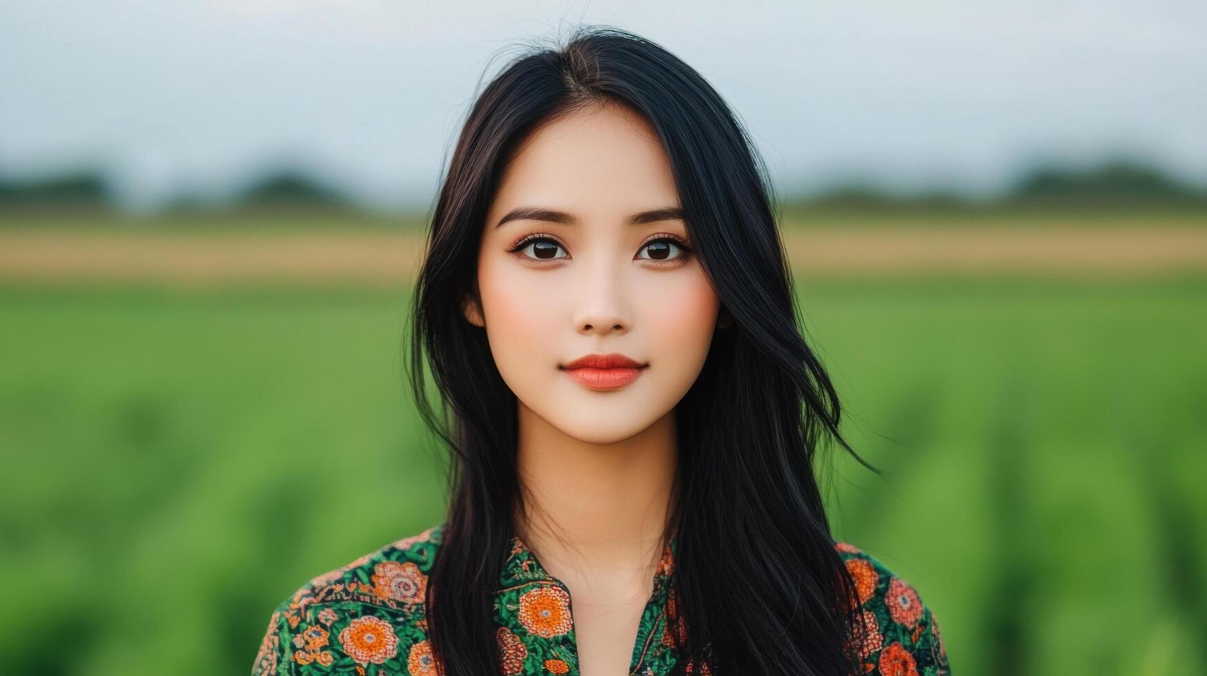 Captivating Woman in a Floral Dress, Outdoor Portrait photo