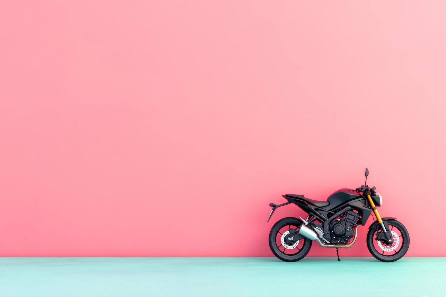 Stylish Black Motorcycle Against a Vibrant Pink and Mint Background photo