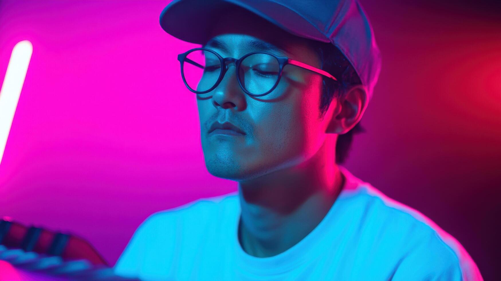 Portrait of a Man in Vibrant Neon Lighting photo