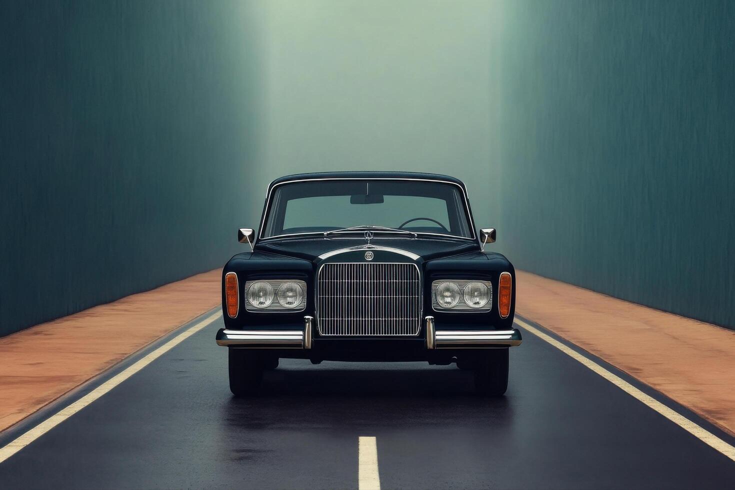 Vintage Luxury Car on a Road Classic Automobile Design Elegant Retro Vehicle Black Sedan Road Trip Front View Retro Style Vintage Vehicle Classic Car Luxury Car Automobile Art photo