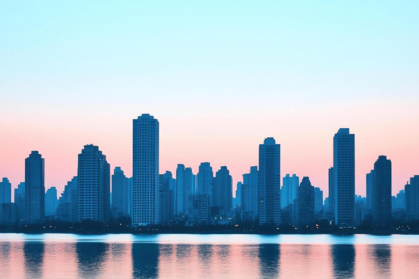 Majestic City Skyline at DawnDusk, Stunning Architecture, Calm Water Reflection photo