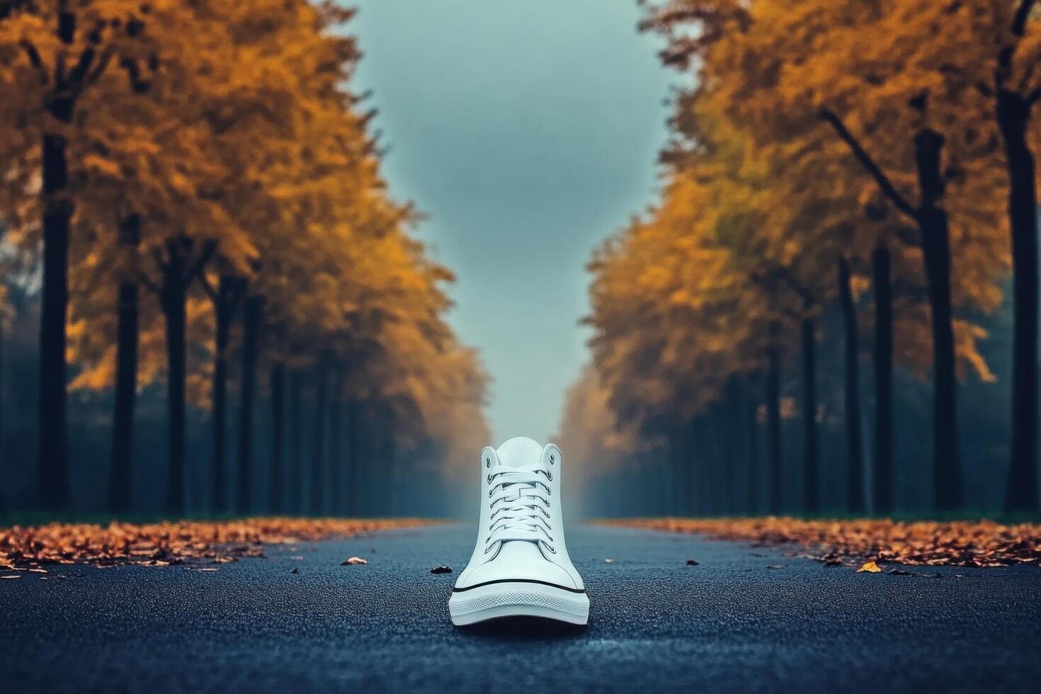 Autumnal Pathway A Pair of White Sneakers on a Road Lined with Golden Trees photo