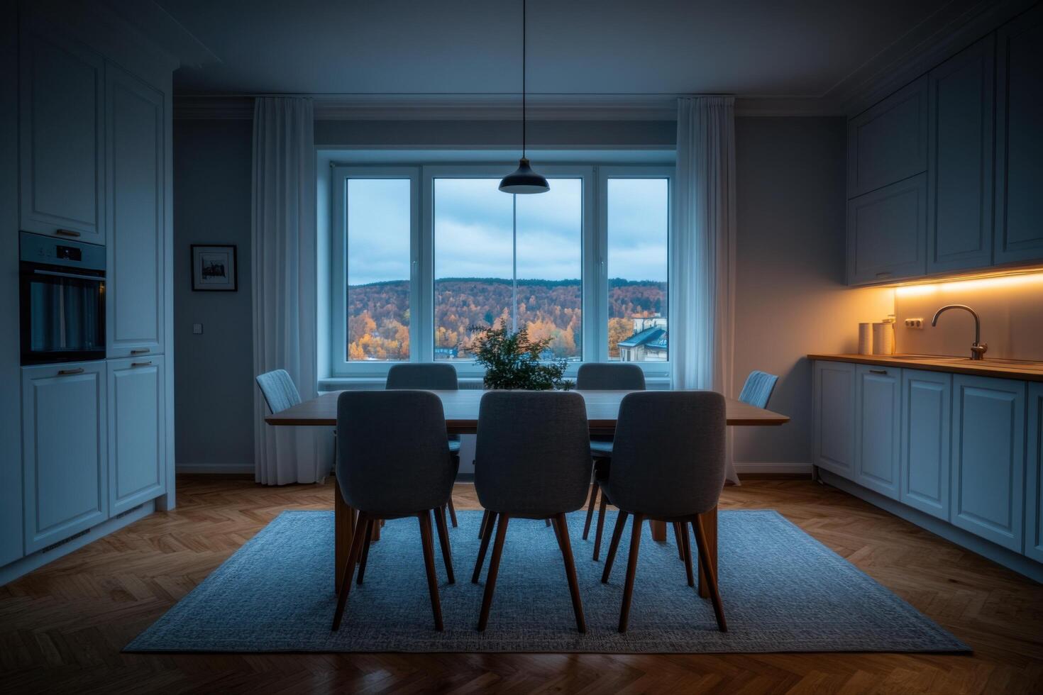 Serene Dining Room with a View of Autumn Colors. Modern Interior Design. Cozy and Peaceful Ambiance. photo