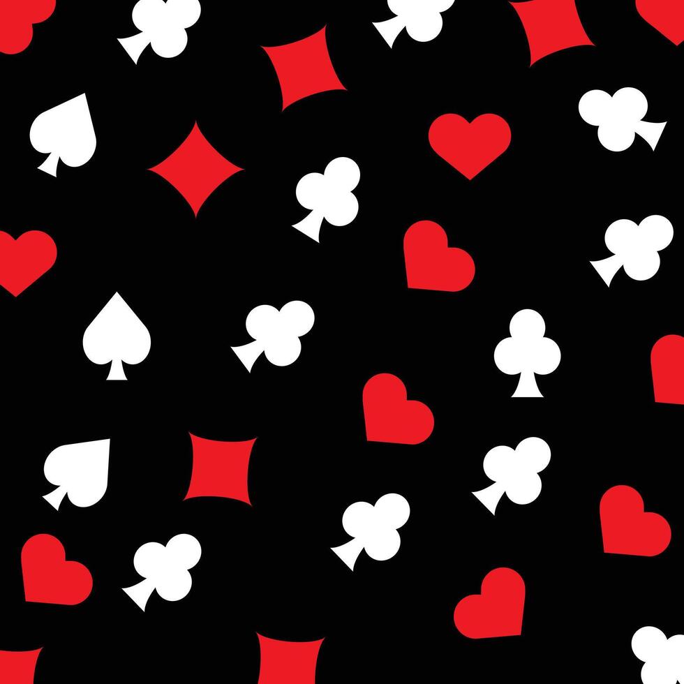 Playing Card Suits spade, diamond, heart and club icons in a repeating pattern on black background. vector