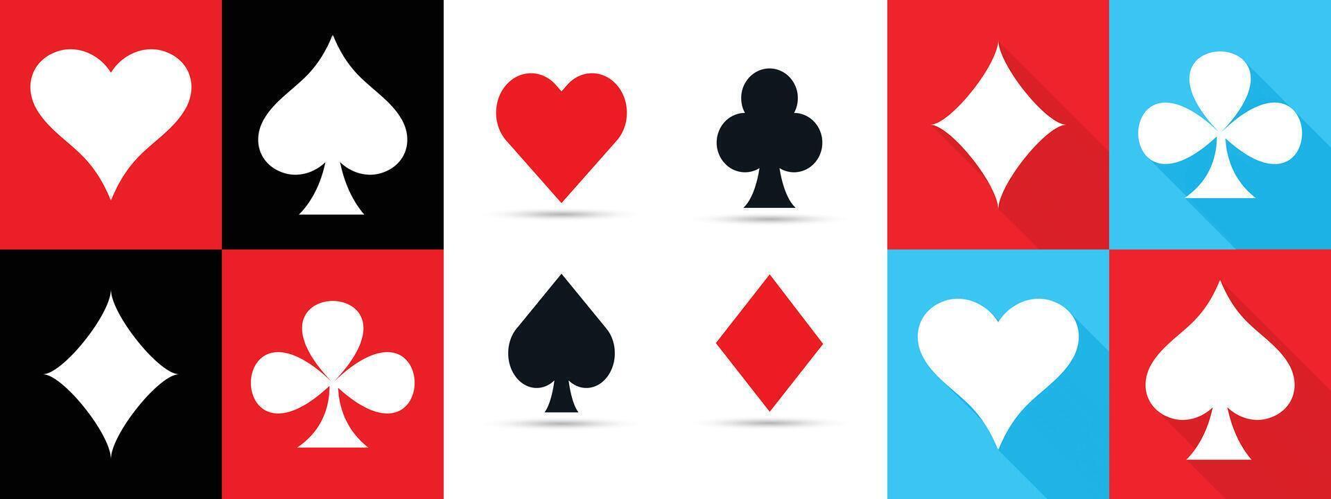 Colorful Playing Card Suits Icons Flat Set. Playing Card Suits spade, diamond, heart and club icons. vector