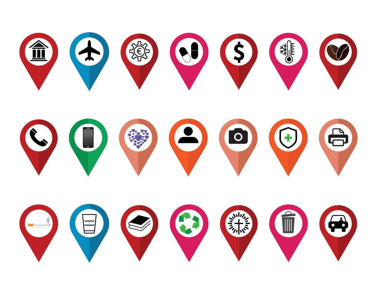 Collection of location markers with various icons for services. vector