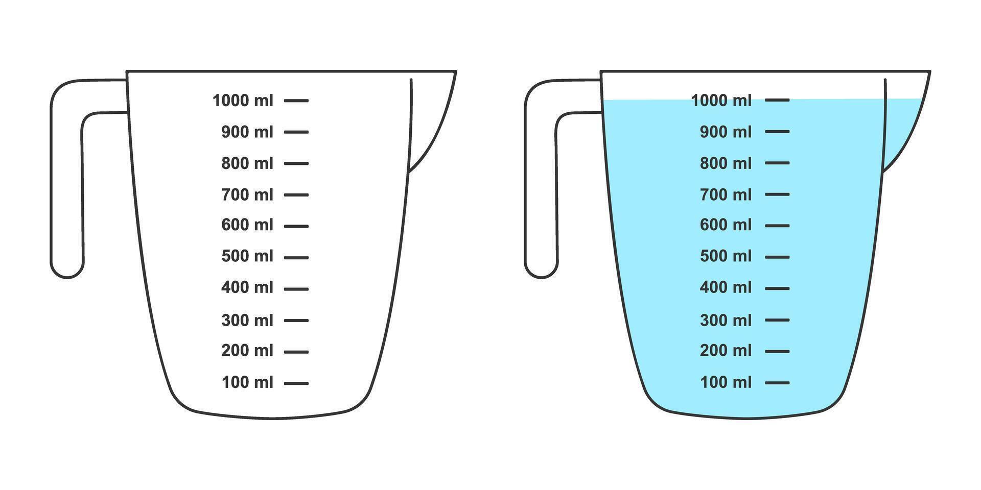 Empty and full measuring cups with a 1 liter volume. Water or other liquid containers for cooking with a fluid capacity scale isolated on white background. flat illustration vector