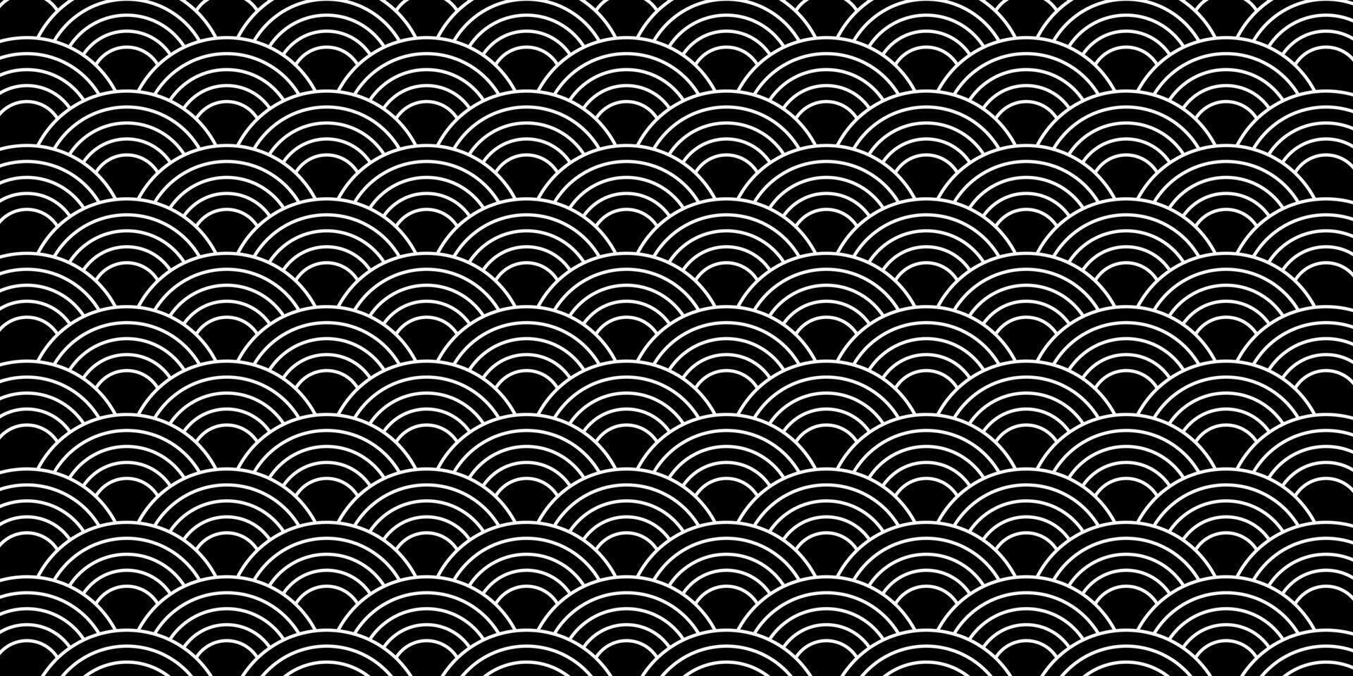 Black and white scallop print. Japanese seigaiha pattern. Sea or ocean waves background. Fish squama or dragon scale. Simple geometric ornament with repeating arch shapes. graphic illustration vector